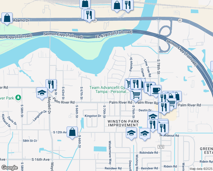 map of restaurants, bars, coffee shops, grocery stores, and more near 703 River Bay Drive in Tampa
