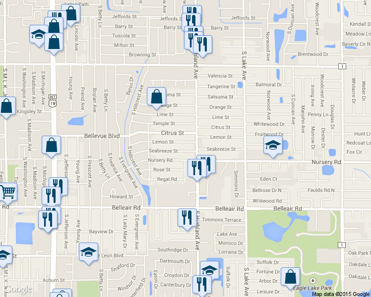 map of restaurants, bars, coffee shops, grocery stores, and more near 1458 Seabreeze Street in Clearwater