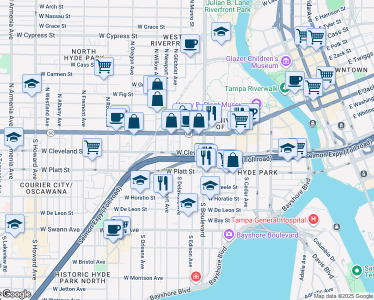 map of restaurants, bars, coffee shops, grocery stores, and more near 1005 West Cleveland Street in Tampa