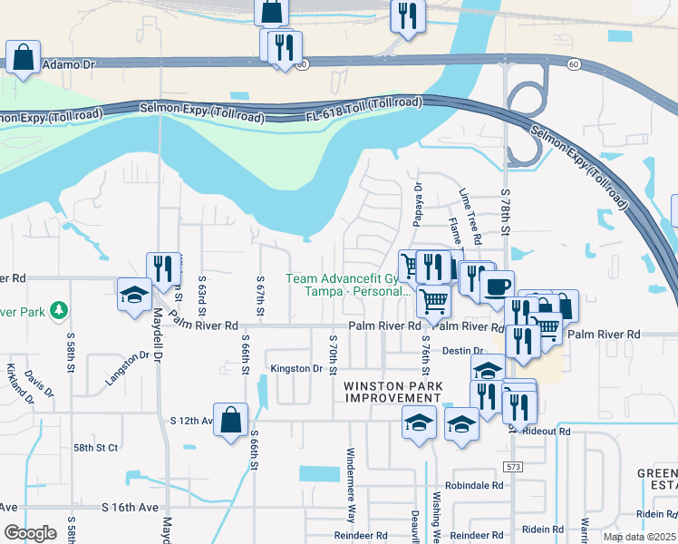 map of restaurants, bars, coffee shops, grocery stores, and more near 703 River Bay Drive in Tampa