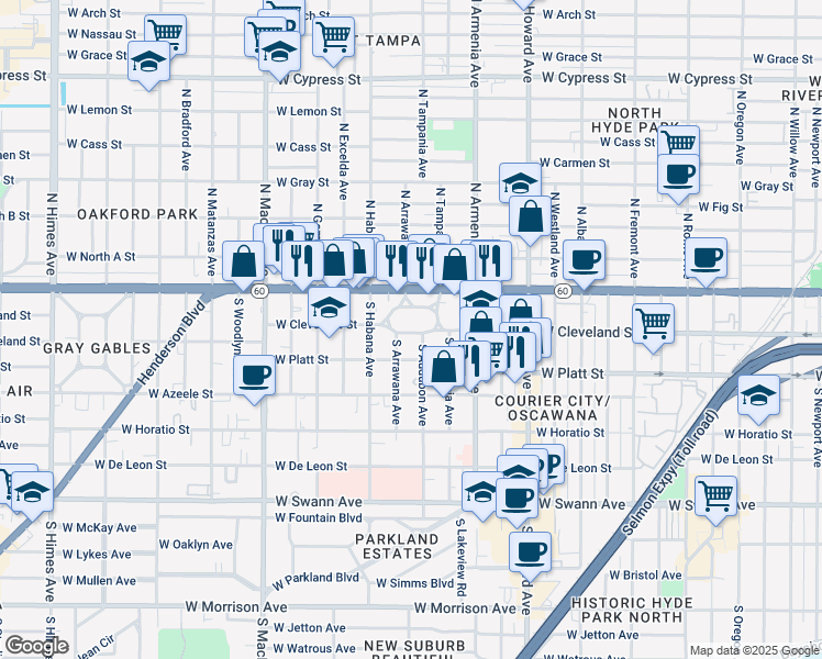map of restaurants, bars, coffee shops, grocery stores, and more near 2611 West Cleveland Street in Tampa