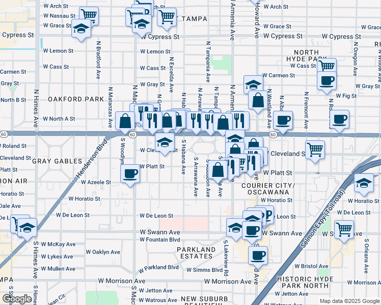 map of restaurants, bars, coffee shops, grocery stores, and more near 2611 West Cleveland Street in Tampa
