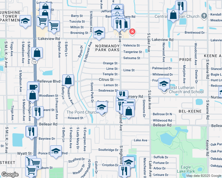 map of restaurants, bars, coffee shops, grocery stores, and more near 1458 Seabreeze Street in Clearwater