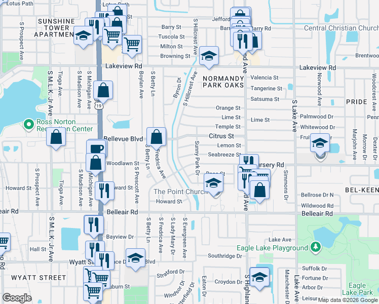 map of restaurants, bars, coffee shops, grocery stores, and more near 1387 Lemon Street in Clearwater