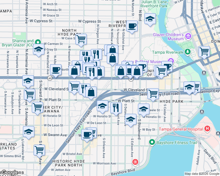 map of restaurants, bars, coffee shops, grocery stores, and more near 117 South Willow Avenue in Tampa