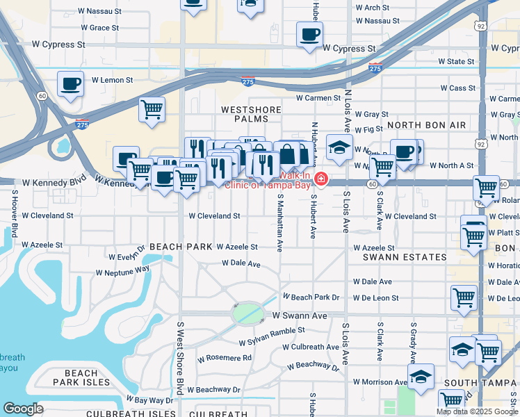 map of restaurants, bars, coffee shops, grocery stores, and more near 119 South Lauber Way in Tampa