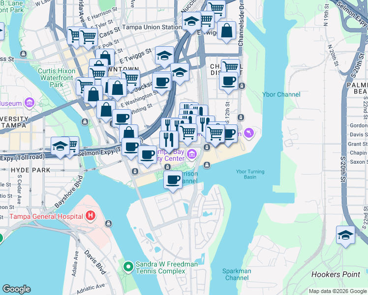 map of restaurants, bars, coffee shops, grocery stores, and more near 890 Water Street in Tampa