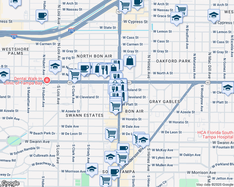 map of restaurants, bars, coffee shops, grocery stores, and more near 135 South Dale Mabry Highway in Tampa