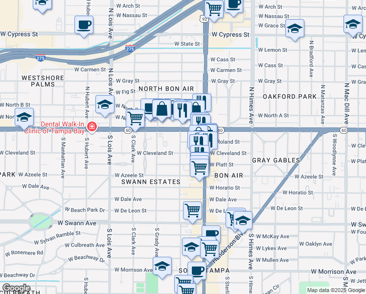 map of restaurants, bars, coffee shops, grocery stores, and more near 120 South Church Avenue in Tampa