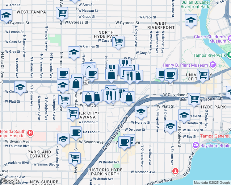 map of restaurants, bars, coffee shops, grocery stores, and more near 1715 West Cleveland Street in Tampa
