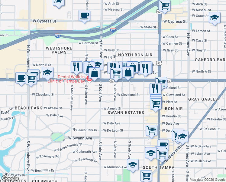 map of restaurants, bars, coffee shops, grocery stores, and more near 119 South Clark Avenue in Tampa