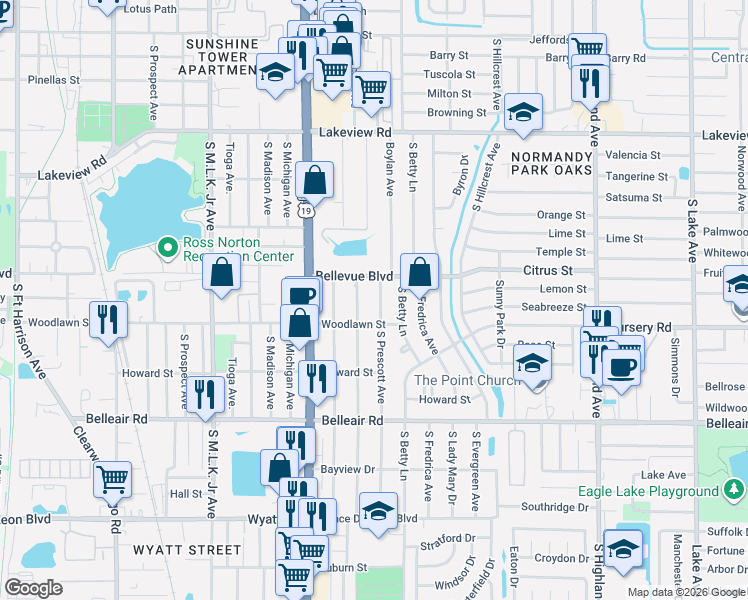 map of restaurants, bars, coffee shops, grocery stores, and more near 1469 Young Avenue in Clearwater