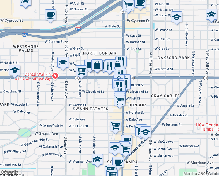 map of restaurants, bars, coffee shops, grocery stores, and more near 120 South Church Avenue in Tampa