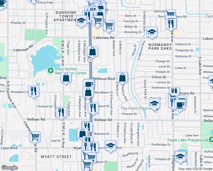 map of restaurants, bars, coffee shops, grocery stores, and more near 1469 Young Avenue in Clearwater