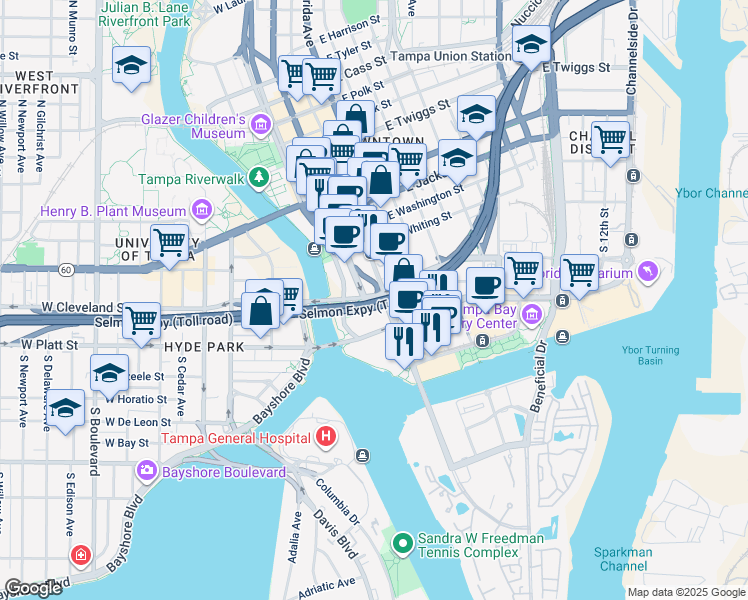 map of restaurants, bars, coffee shops, grocery stores, and more near 2 East Brorein Street in Tampa