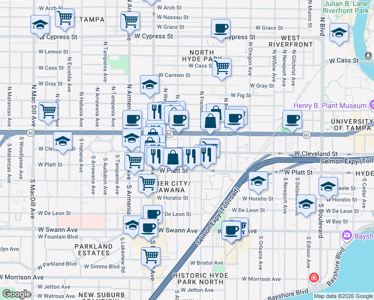 map of restaurants, bars, coffee shops, grocery stores, and more near 2011 West Cleveland Street in Tampa