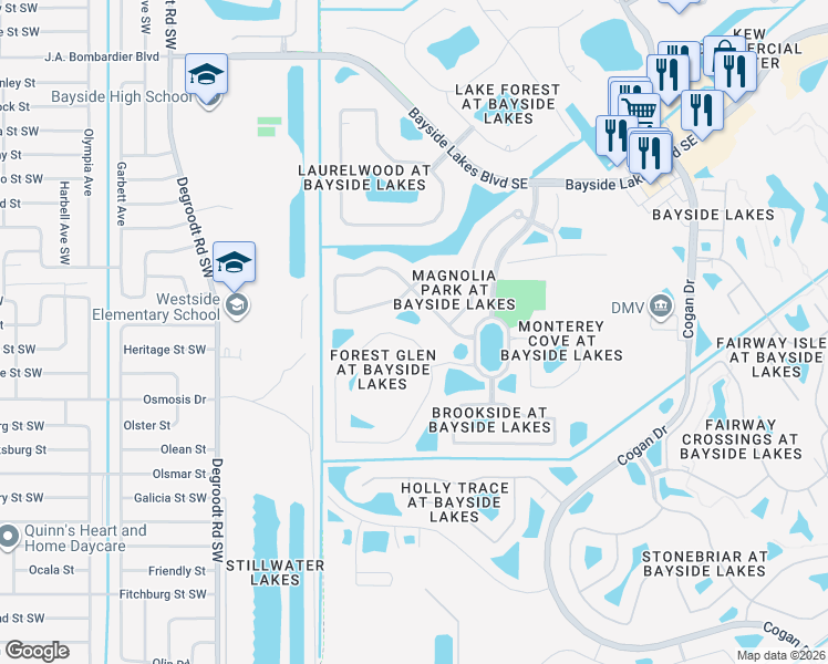 map of restaurants, bars, coffee shops, grocery stores, and more near 309 Brandy Creek Circle Southeast in Palm Bay