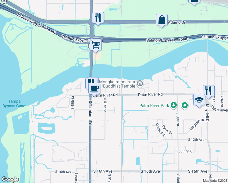 map of restaurants, bars, coffee shops, grocery stores, and more near in Palm River-Clair Mel