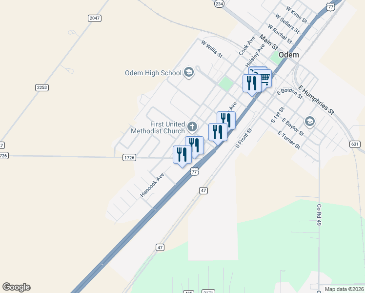 map of restaurants, bars, coffee shops, grocery stores, and more near 1403 Haisley Avenue in Odem