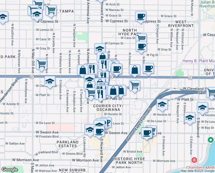 map of restaurants, bars, coffee shops, grocery stores, and more near 119 South Westland Avenue in Tampa