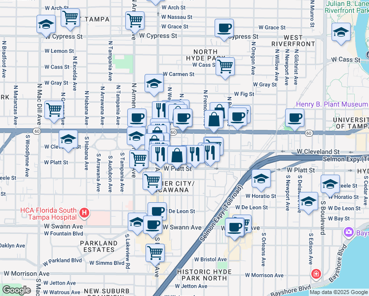 map of restaurants, bars, coffee shops, grocery stores, and more near 2011 West Cleveland Street in Tampa