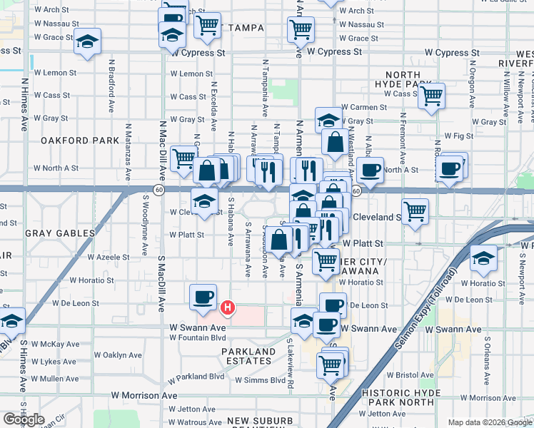 map of restaurants, bars, coffee shops, grocery stores, and more near 115 South Tampania Avenue in Tampa