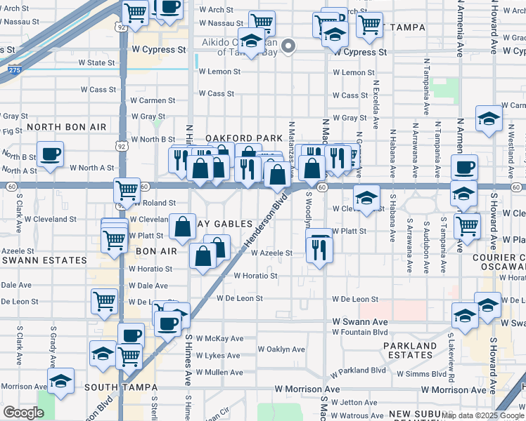 map of restaurants, bars, coffee shops, grocery stores, and more near 112 South Lincoln Avenue in Tampa
