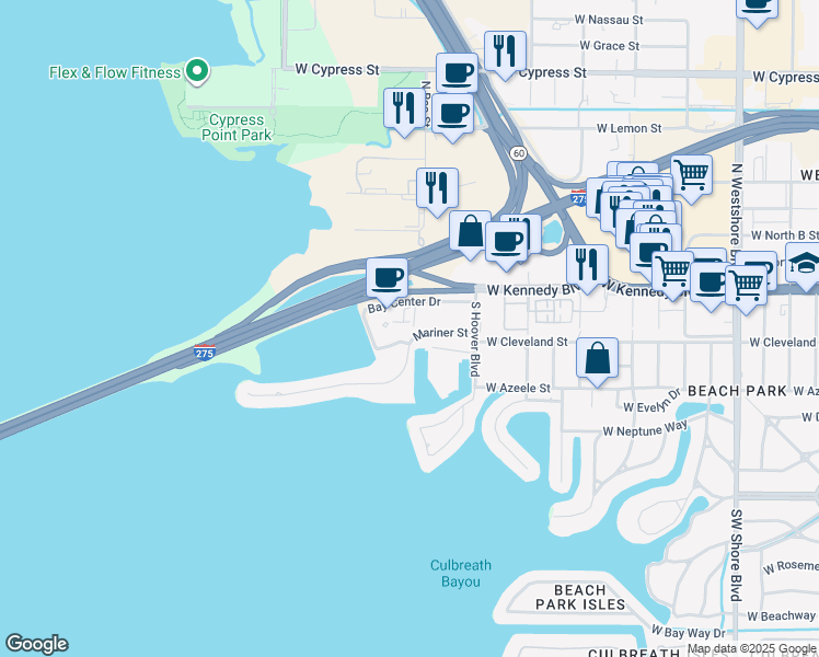 map of restaurants, bars, coffee shops, grocery stores, and more near 5430 Bay Center Drive in Tampa