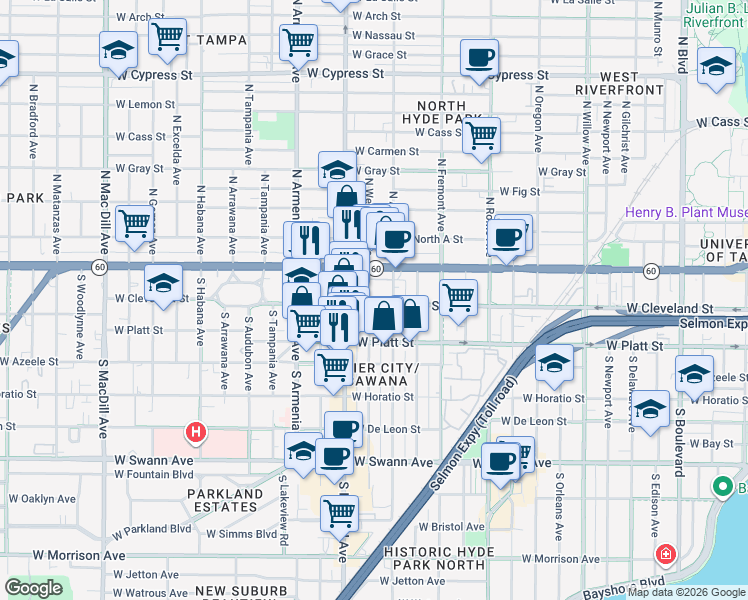 map of restaurants, bars, coffee shops, grocery stores, and more near 119 South Westland Avenue in Tampa