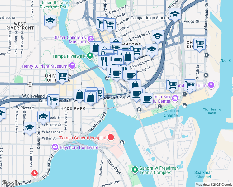 map of restaurants, bars, coffee shops, grocery stores, and more near Ashley Drive South in Tampa