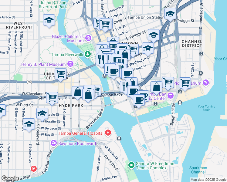 map of restaurants, bars, coffee shops, grocery stores, and more near West Brorein Street & South Ashley Street in Tampa