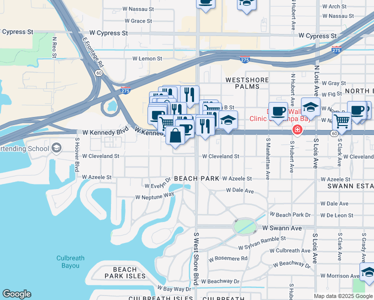 map of restaurants, bars, coffee shops, grocery stores, and more near 4830 West Kennedy Boulevard in Tampa