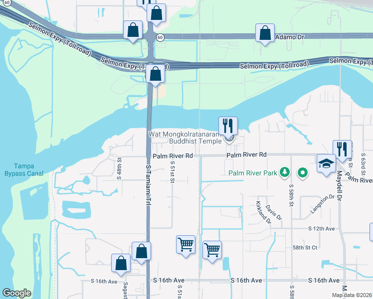 map of restaurants, bars, coffee shops, grocery stores, and more near in Palm River-Clair Mel