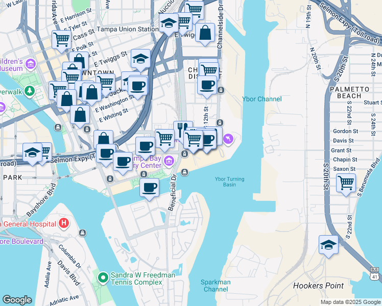 map of restaurants, bars, coffee shops, grocery stores, and more near 615 Channelside Drive in Tampa