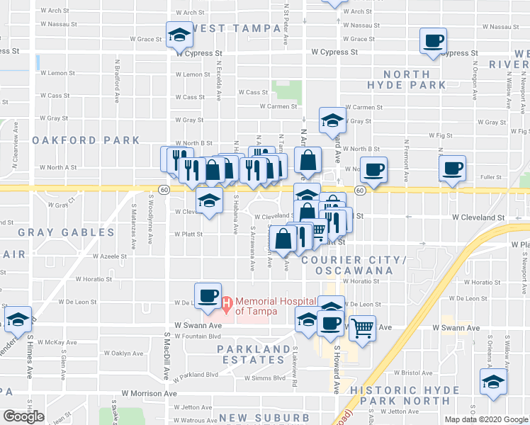 map of restaurants, bars, coffee shops, grocery stores, and more near 2611 West Cleveland Street in Tampa