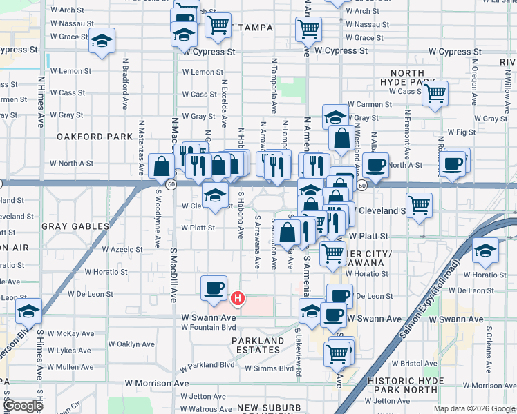 map of restaurants, bars, coffee shops, grocery stores, and more near 2611 West Cleveland Street in Tampa