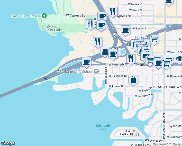 map of restaurants, bars, coffee shops, grocery stores, and more near 5430 Bay Center Drive in Tampa