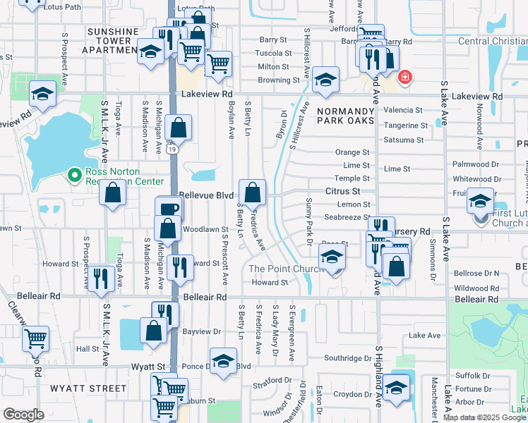 map of restaurants, bars, coffee shops, grocery stores, and more near 1464 South Evergreen Avenue in Clearwater