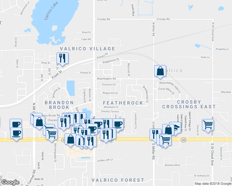 map of restaurants, bars, coffee shops, grocery stores, and more near 401 Gardenwood Place in Valrico