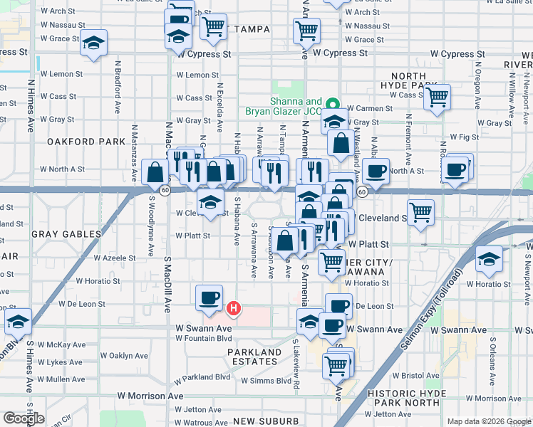 map of restaurants, bars, coffee shops, grocery stores, and more near 2611 West Cleveland Street in Tampa