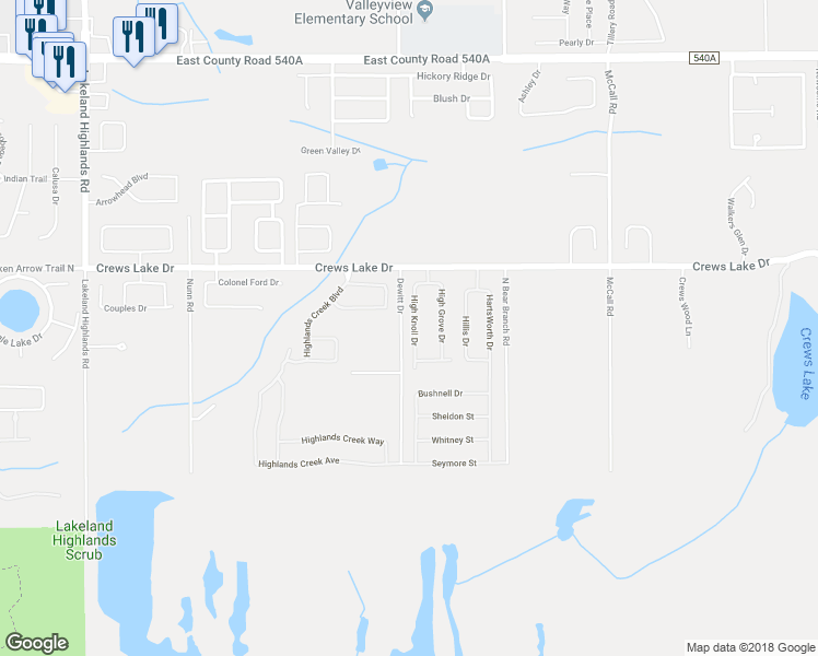 map of restaurants, bars, coffee shops, grocery stores, and more near 6755 High Knoll Drive in Lakeland