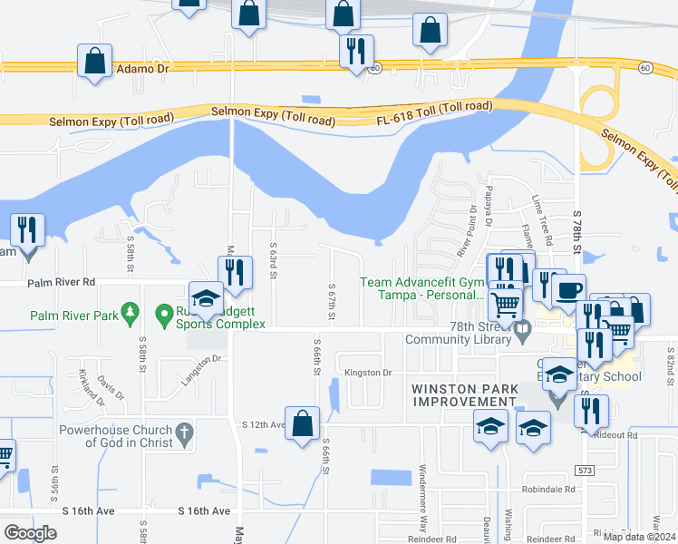 map of restaurants, bars, coffee shops, grocery stores, and more near 610 South 67th Street in Tampa