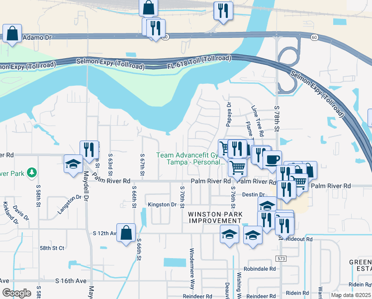 map of restaurants, bars, coffee shops, grocery stores, and more near 703 River Bay Drive in Tampa