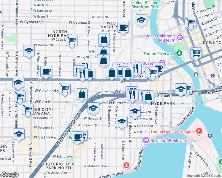 map of restaurants, bars, coffee shops, grocery stores, and more near 121 South Newport Avenue in Tampa