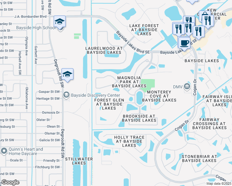 map of restaurants, bars, coffee shops, grocery stores, and more near 309 Brandy Creek Circle Southeast in Palm Bay