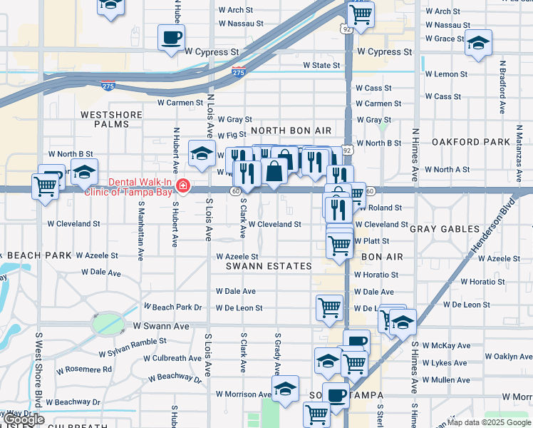 map of restaurants, bars, coffee shops, grocery stores, and more near 116 South Hale Avenue in Tampa
