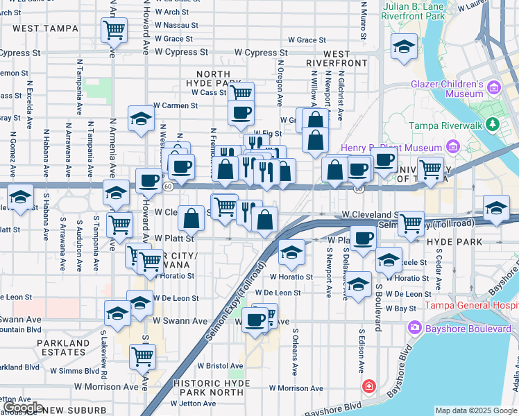 map of restaurants, bars, coffee shops, grocery stores, and more near 119 South Dakota Avenue in Tampa