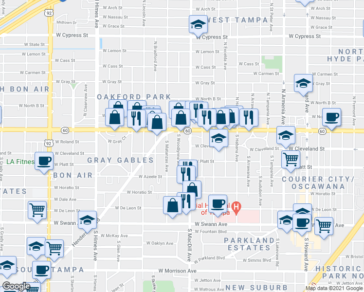 map of restaurants, bars, coffee shops, grocery stores, and more near 110 South Woodlynne Avenue in Tampa