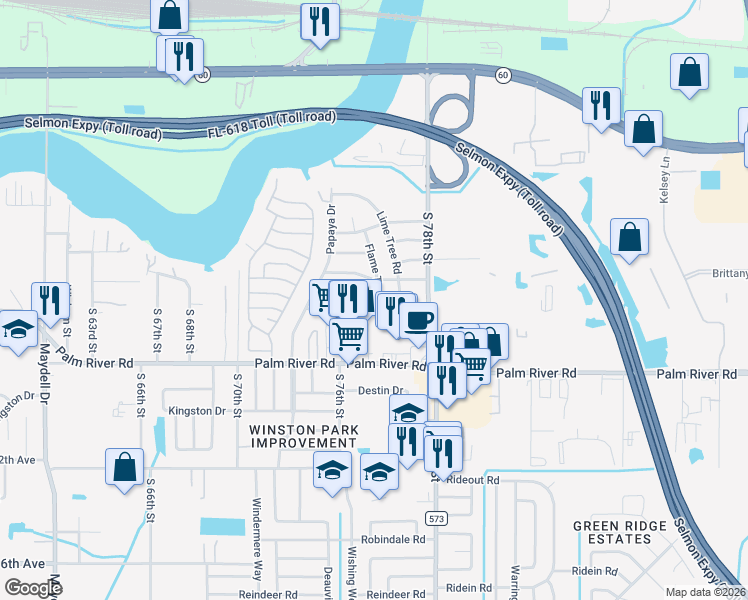 map of restaurants, bars, coffee shops, grocery stores, and more near 708 Flame Tree Road in Tampa