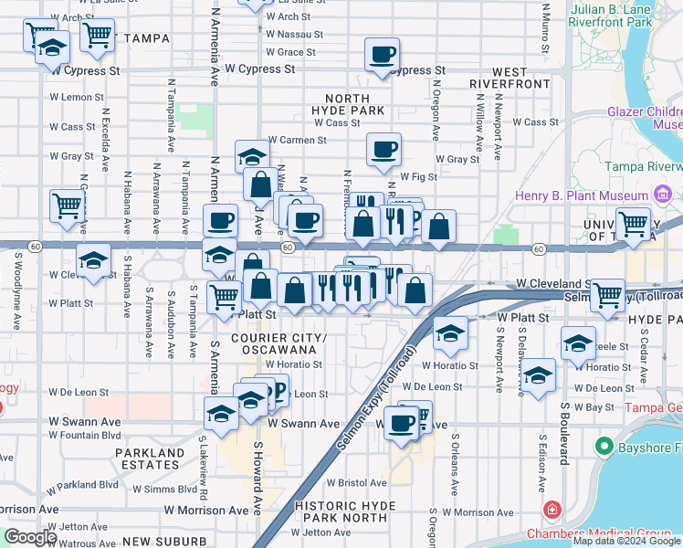 map of restaurants, bars, coffee shops, grocery stores, and more near 119 South Fremont Avenue in Tampa